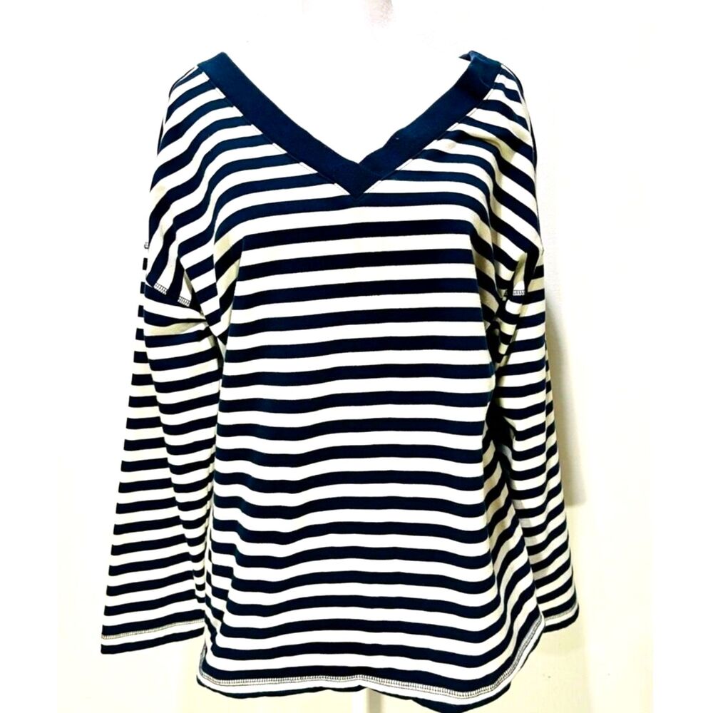 J. Jill Fit long sleeve T shirt classic blue stripes casual coastal women's L